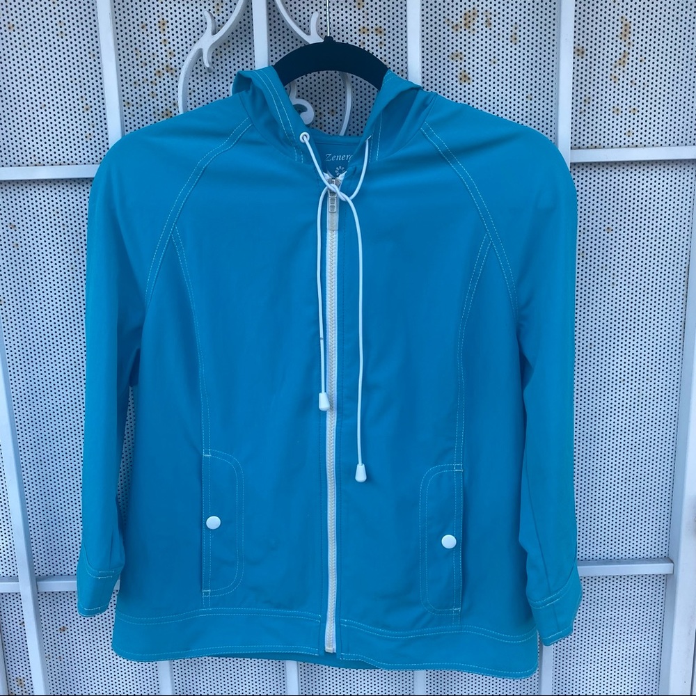 Zenergy By Chico Jacket Windbreaker size 0 (XS) Teal Hooded Full Zip Lightweight